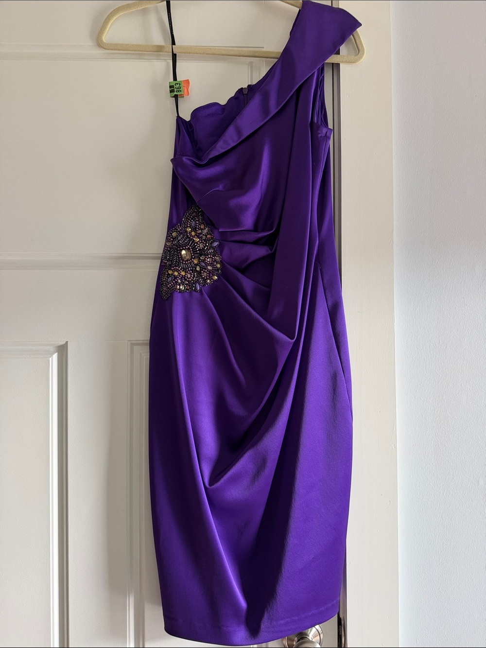 David Meister One-Shoulder Purple Cocktail Dress with Beaded Waist